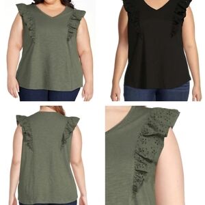 Set of 2 Terra & Sky Lacy Ruffled V-neck Tank Top Women's Plus Size 3X (24W/26W)